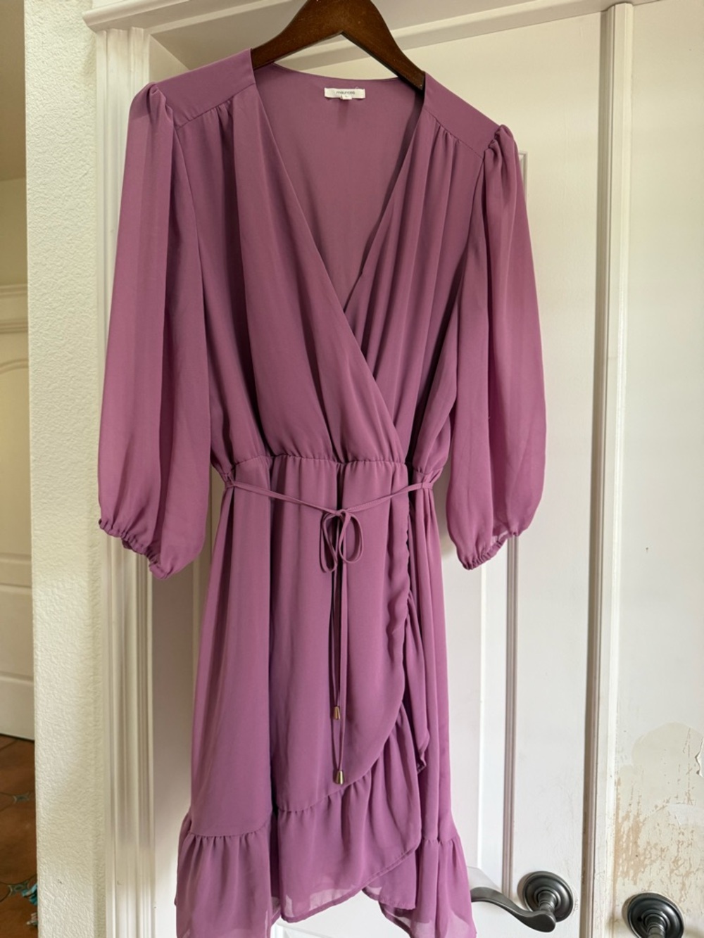 Maurices Mauve Wrap Midi Dress with Puff Sleeves